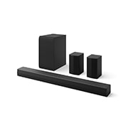 Angled view of LG Soundbar S55TR, subwoofer, and Rear Speakers