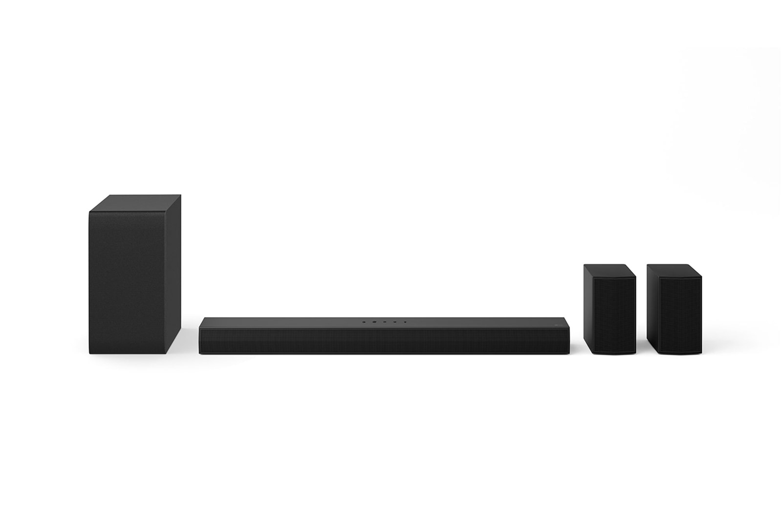 Front view of LG Soundbar S55TR, subwoofer, and Rear Speakers