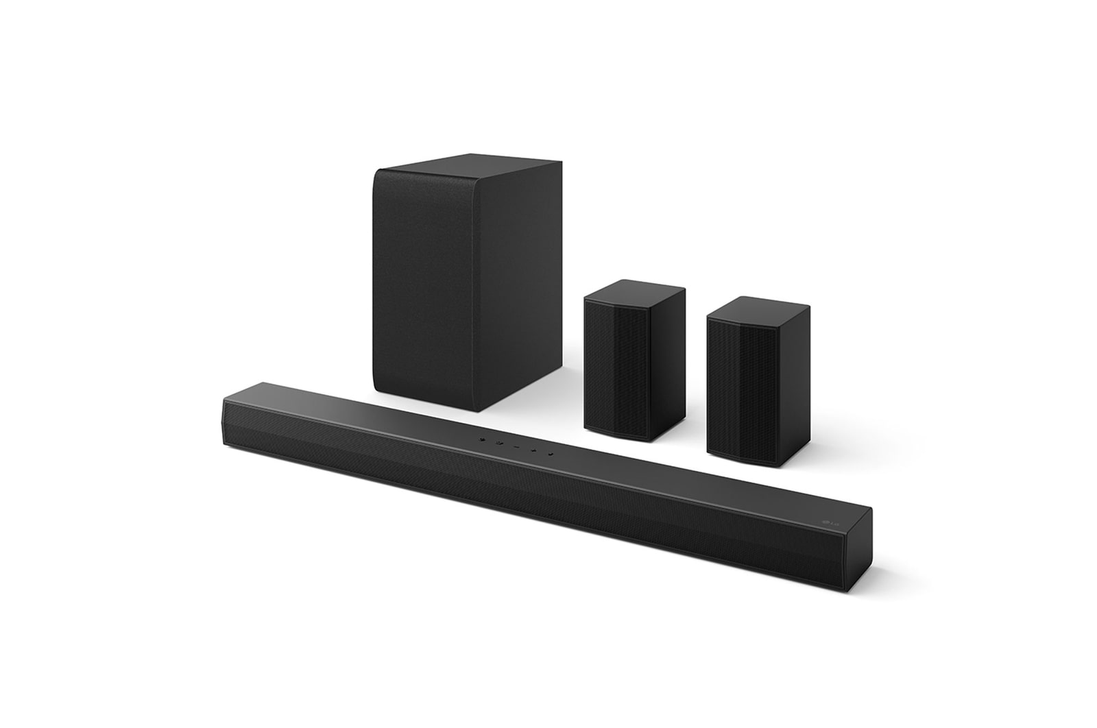 Angled view of LG Soundbar S55TR, subwoofer, and Rear Speakers