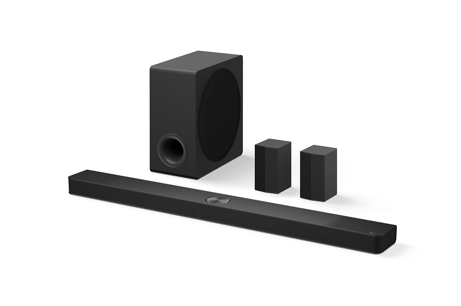 Angled view of LG Soundbar S90TR, subwoofer, and Rear Speakers