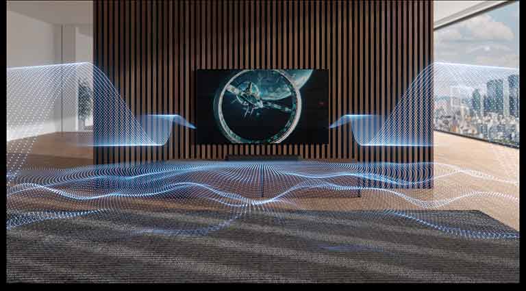 Variously figured blue-colored sound waves are being released from Sound Bar and TV.