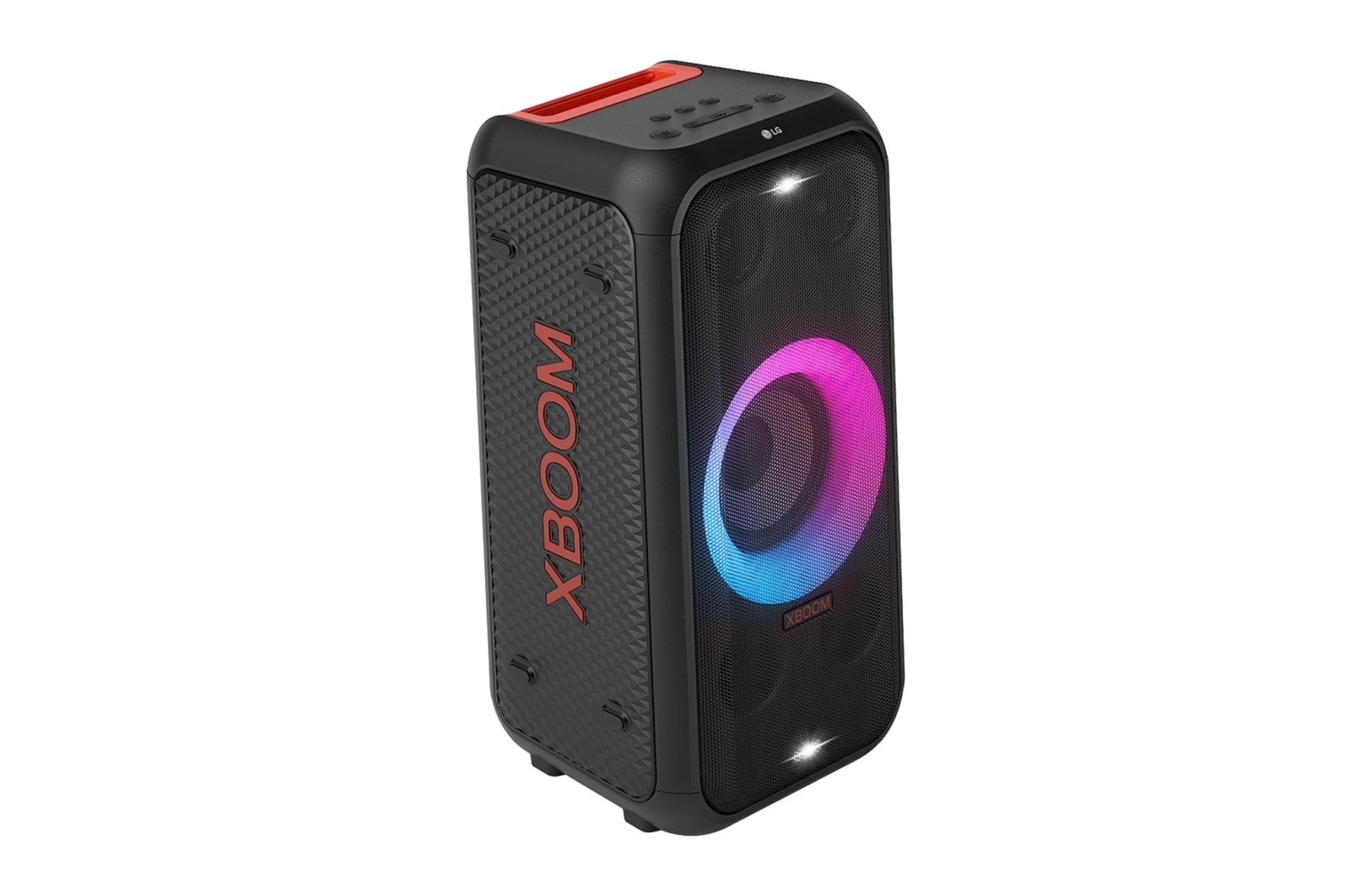 Left side forward with all lighting on.It shows XBOOM logo.