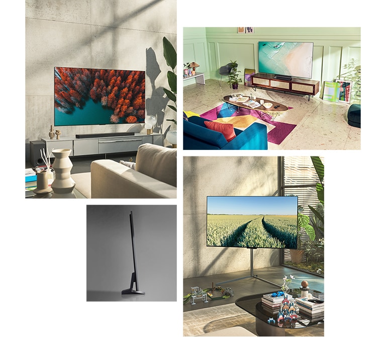 An LG OLED G2 is hung on the wall in a neutral-coloured living room with plants and rustic ornaments. An LG OLED G2 sits on a TV stand in a mint green room with colourful art and furnishings. An LG OLED G2 with Gallery Stand is in the corner of a room in a family home.  A side view of the ultra-slim edge of LG OLED G2.