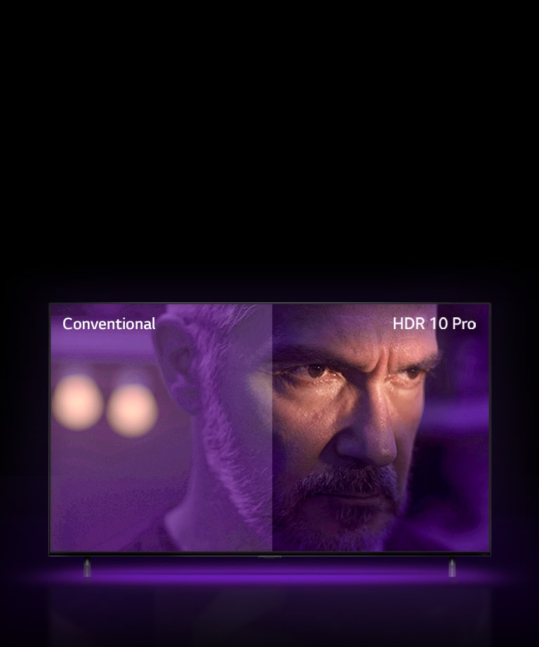 A man is staring outside, looking mad. The image is divided into two part. On left half of image appears to be dull and less vibrant colour, while on the right half of image looks more vibrant with more colours. On left top corner says ‘conventional’, on right top corner says ‘HDR 10 PRO’. 