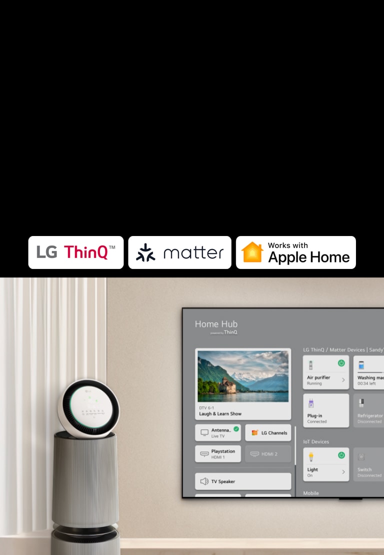 A logo of LG ThinQ™, matter, and Apple Home. An LG TV mounted on a wall and an LG PuriCare™ Objet Collection 360° on the left. The TV displays Home Hub and a cursor clicks "Air purifier" and the LG PuriCare™ Objet Collection 360° is activated.	