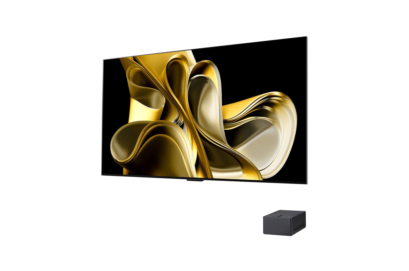 Slightly-angled left-facing side view of LG OLED M3 on the wall with the Zero Connect Box below it