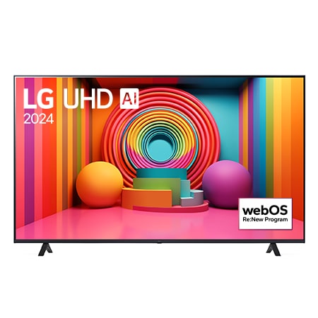 Front view of LG UHD TV, UT75 with text of LG UHD AI, 2024, and webOS Re:New Program logo on screen