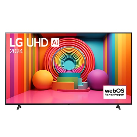 Front view of LG UHD TV, UT75 with text of LG UHD AI, 2024, and webOS Re:New Program logo on screen