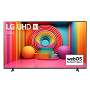 Front view of LG UHD TV, UT75 with text of LG UHD AI, 2024, and webOS Re:New Program logo on screen