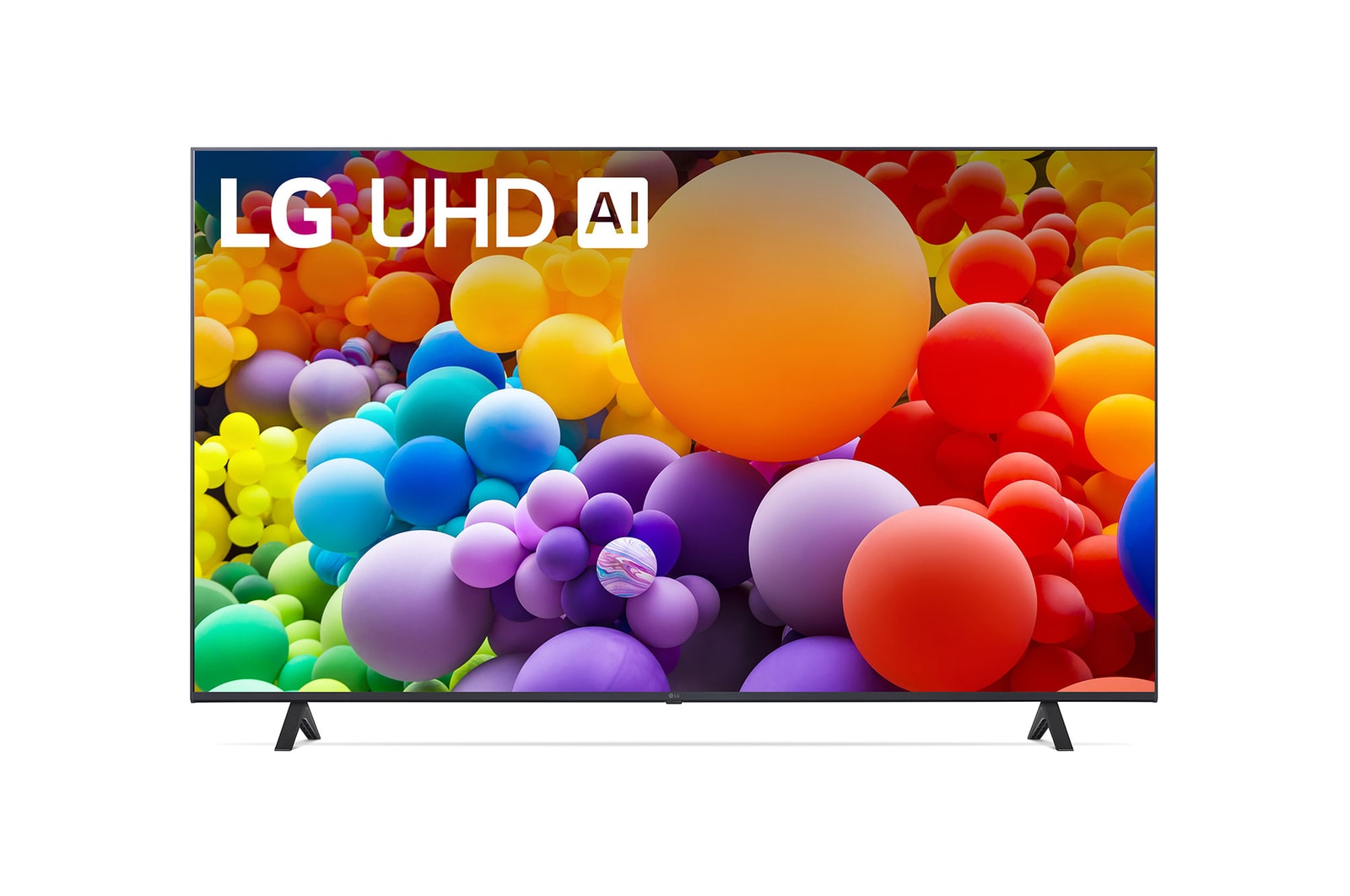 Front view of LG UHD TV, UT75 with text of LG UHD AI ThinQ, 2024, and webOS Re:New Program logo on screen