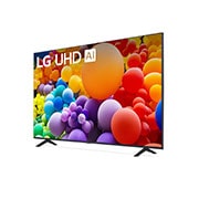 Slightly-angled left-facing side view of LG UHD TV, UT75