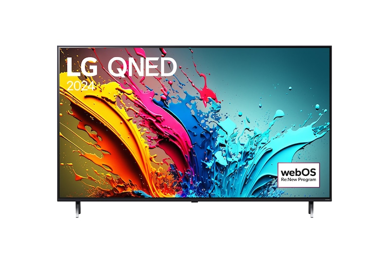Front view of 55 Inch LG QNED AI QNED85 4K Smart TV 2024 55QNED85TUA, with webOS Re:New Program logo on screen.