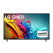 Front view of 55 Inch LG QNED AI QNED85 4K Smart TV 2024 55QNED85TUA, with webOS Re:New Program logo on screen.