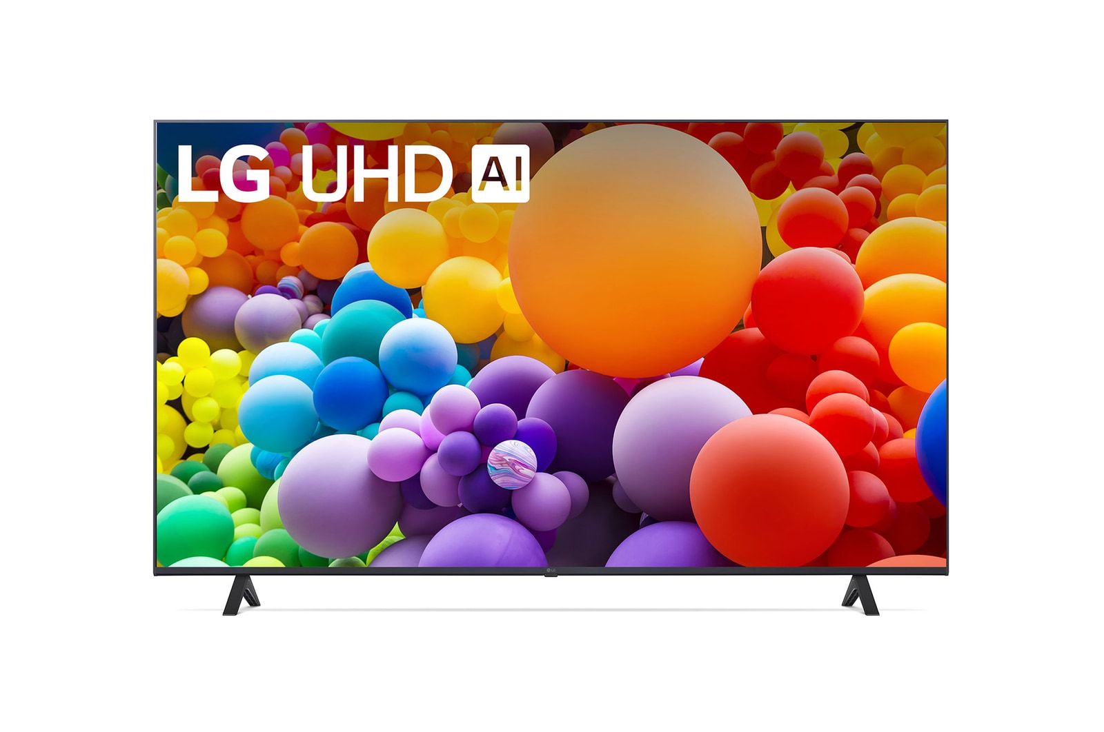 Front view of LG UHD TV, UT70 with text of LG UHD AI ThinQ, 2024, and webOS Re:New Program logo on screen