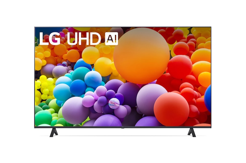 Front view of LG UHD TV, UT70 with text of LG UHD AI ThinQ, 2024, and webOS Re:New Program logo on screen