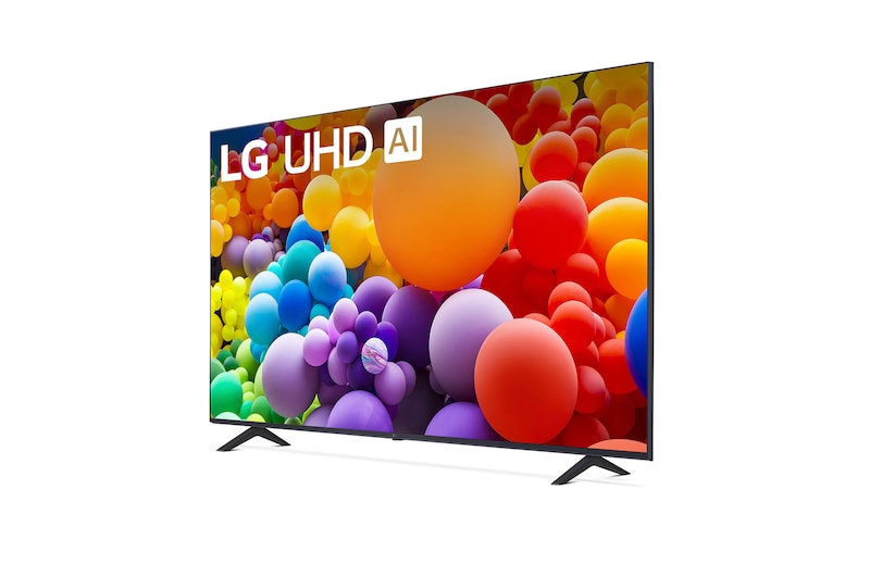 Slightly-angled left-facing side view of LG UHD TV, UT70
