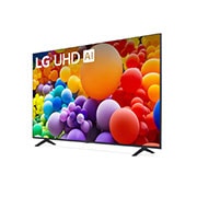 Slightly-angled left-facing side view of LG UHD TV, UT70