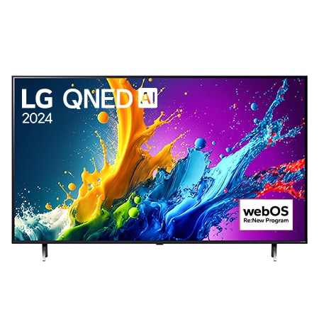 Front view of 65 Inch LG QNED AI QNED80 4K Smart TV 2024 65QNED80TUC, with webOS Re:New Program logo on screen.