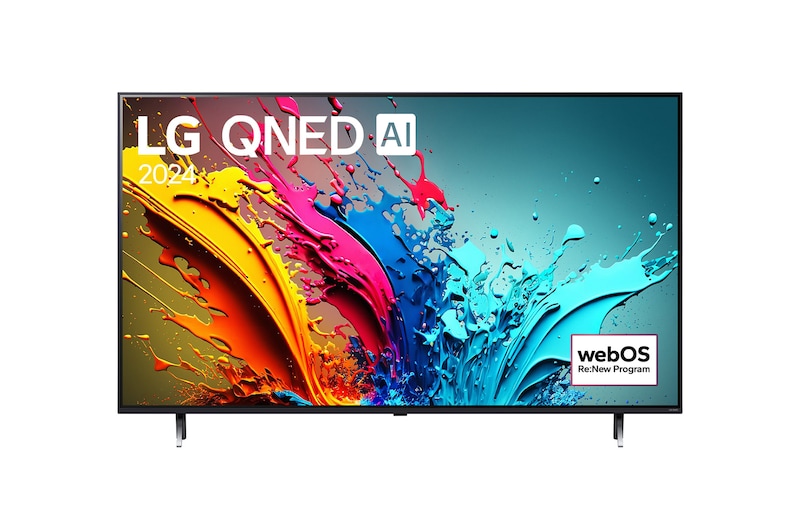Front view of 65 Inch LG QNED AI QNED85 4K Smart TV 2024 65QNED85TUA, with webOS Re:New Program logo on screen.