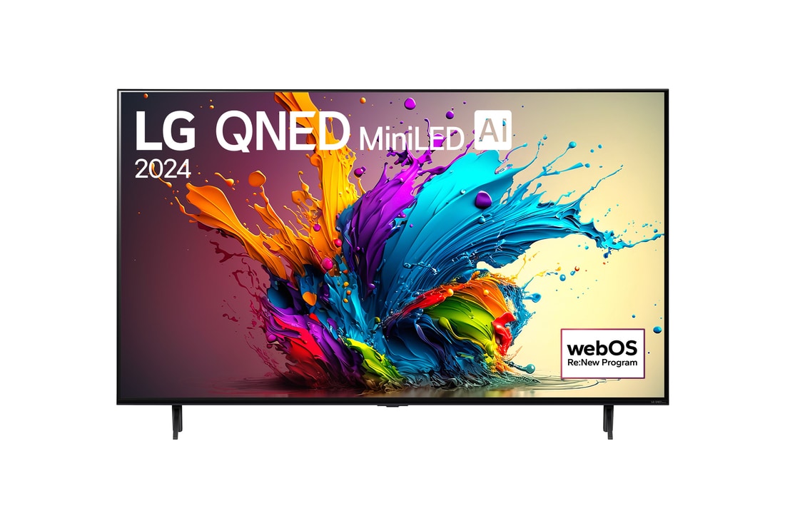 Front view of LG QNED MiniLED TV, QNED90 with text of LG QNED MiniLED AI, 2024, and webOS Re:New Program logo on screen