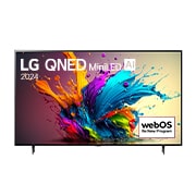 Front view of LG QNED MiniLED TV, QNED90 with text of LG QNED MiniLED AI, 2024, and webOS Re:New Program logo on screen