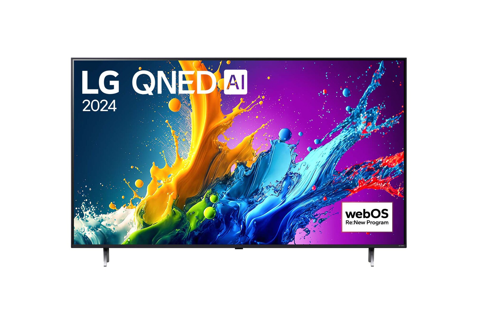 Front view of 86 Inch LG QNED AI QNED80 4K Smart TV 2024 86QNED80TUC, with webOS Re:New Program logo on screen.