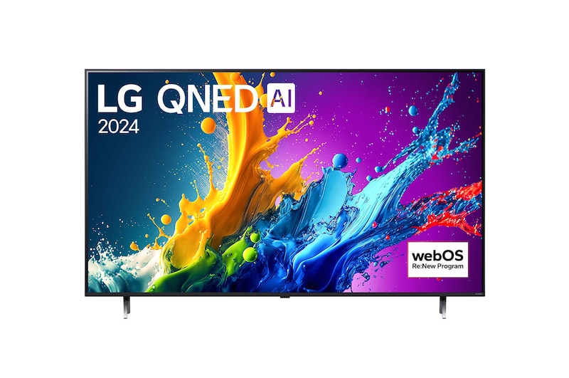 Front view of 86 Inch LG QNED AI QNED80 4K Smart TV 2024 86QNED80TUC, with webOS Re:New Program logo on screen.