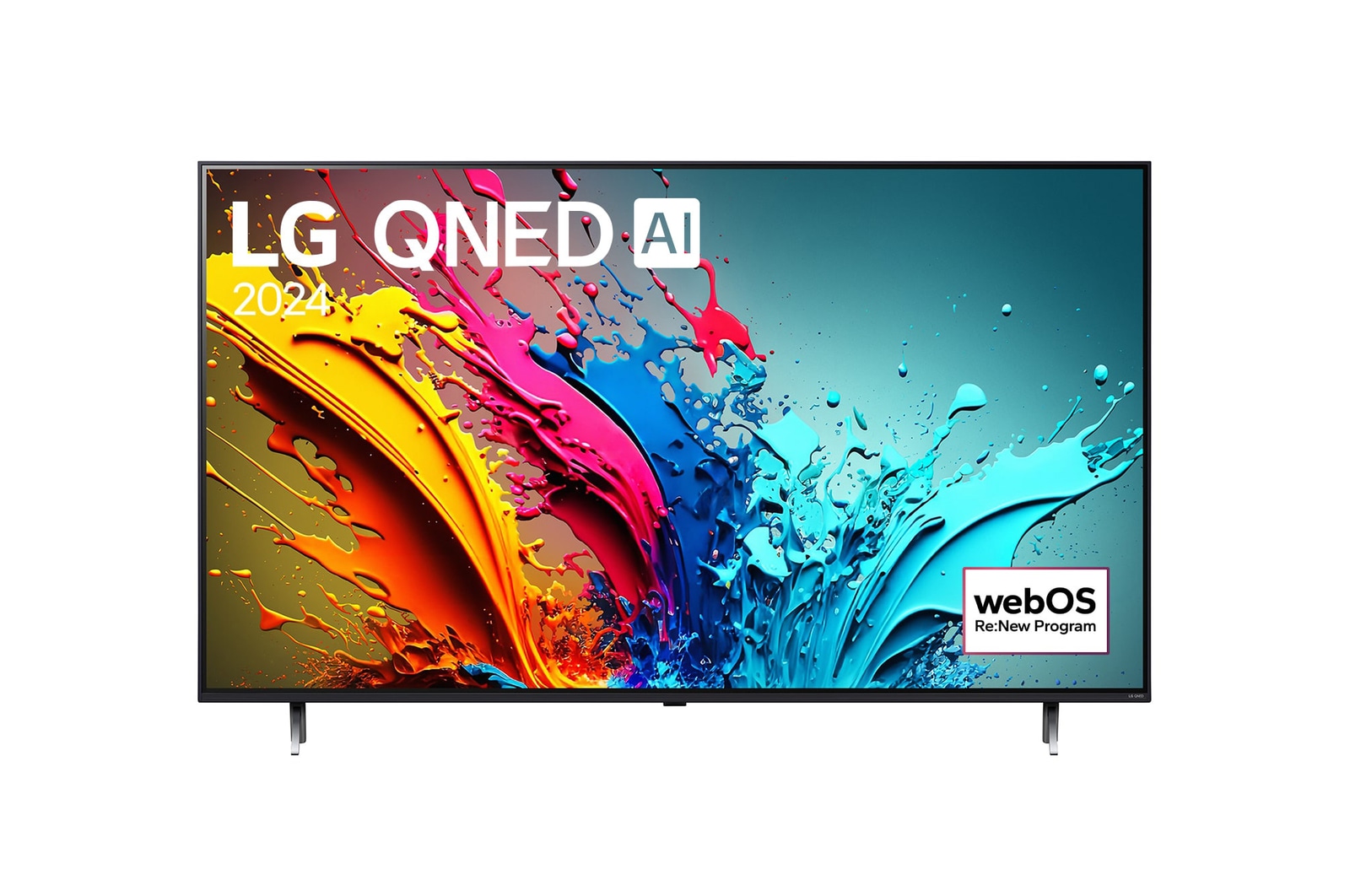 Front view of 86 Inch LG QNED AI QNED85 4K Smart TV 2024 86QNED85TUA, with webOS Re:New Program logo on screen.