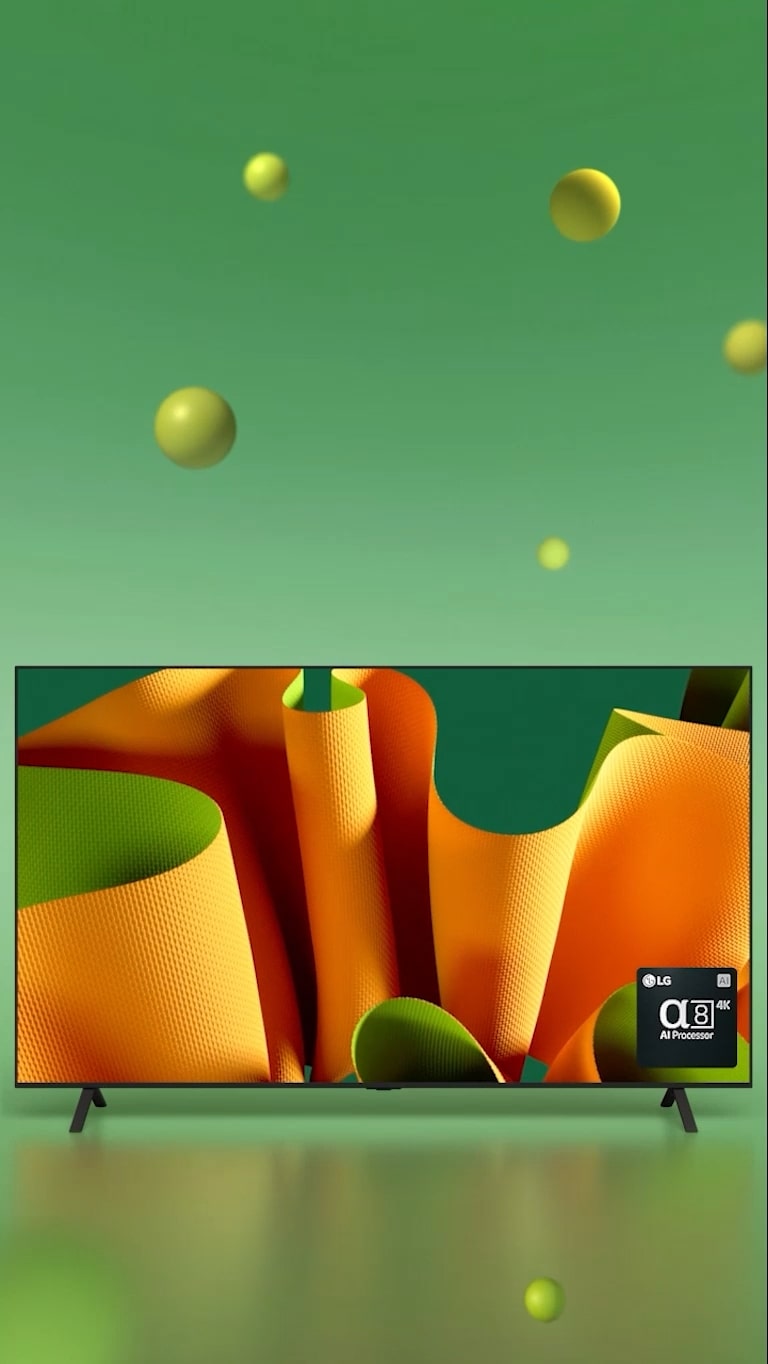 LG OLED B4 facing 45 degrees to the left with a green and orange abstract artwork on screen against a green backdrop with 3D spheres. The OLED TV rotates to face the front. On the bottom right there is an logo of LG alpha 8 AI processor.