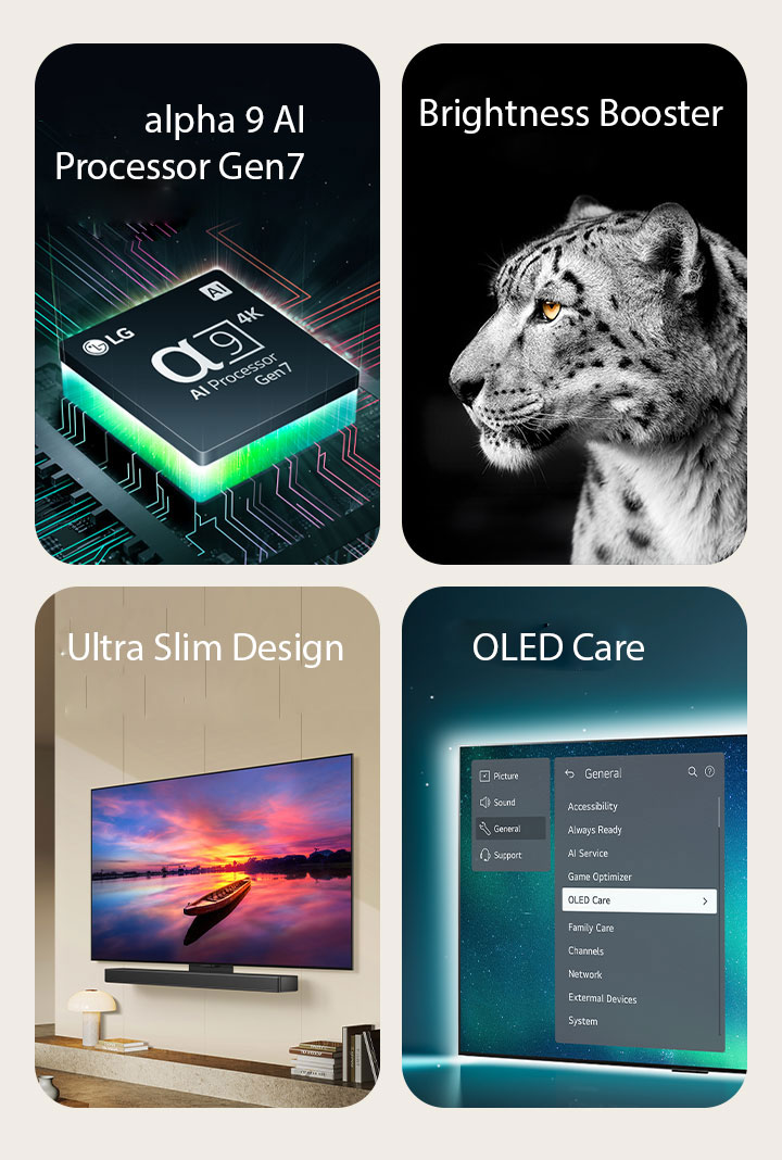 LG's alpha 9 AI Processor Gen7 on top of a motherboard, emitting green bolts of light.  Brightness Booster with a side face image of a white leopard.  Ultra slim and LG Soundbar-ready as they are placed flat against the wall in a modern living space.