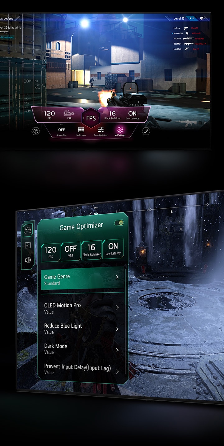 A FPS gaming scene with the Game Dashboard appearing over the screen during gameplay.   A dark, wintery scene with the Game Optimizer menu appearing over the game. 