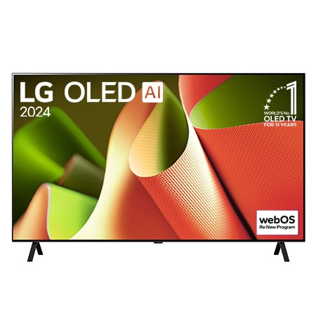 Front view of 55 Inch LG OLED AI B4 4K Smart TV 2024 OLED55B4PUA, with 11 Years of world number 1 OLED Emblem and webOS Re:New Program logo on screen with 2-pole stand.