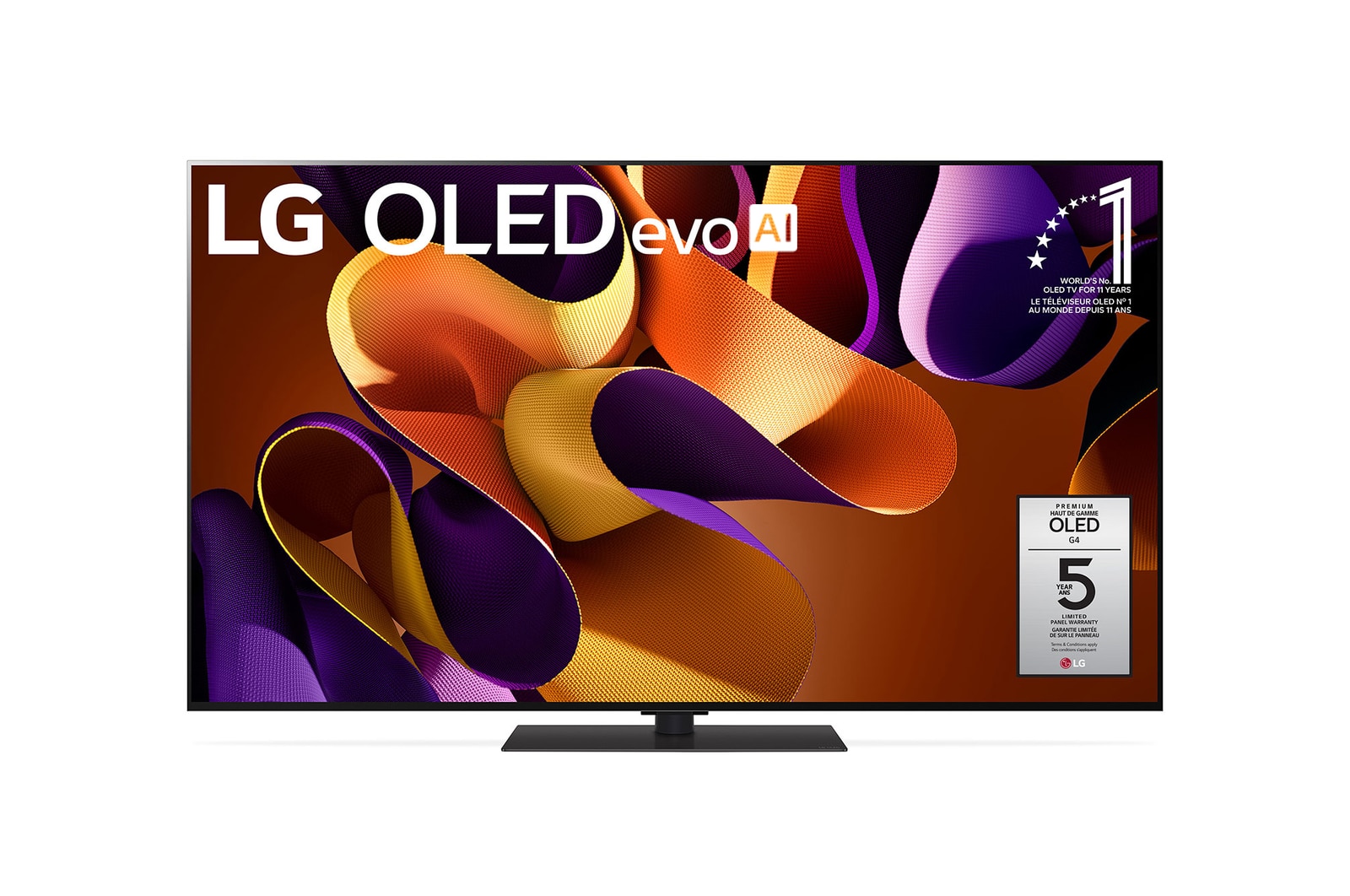 Front view with LG OLED evo AI TV, OLED G4, 11 Years of world number 1 OLED Emblem, webOS Re:New Program logo, and 5-Year Panel Warranty logo on screen