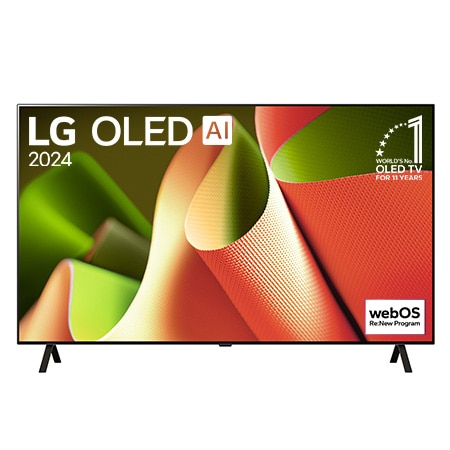 Front view of 65 Inch LG OLED AI B4 4K Smart TV 2024 OLED65B4PUA, with 11 Years of world number 1 OLED Emblem and webOS Re:New Program logo on screen with 2-pole stand.