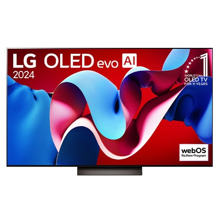 Front view with LG OLED evo AI TV, OLED C4, 11 Years of world number 1 OLED Emblem logo and webOS Re:New Program logo on screen, as well as the Soundbar below