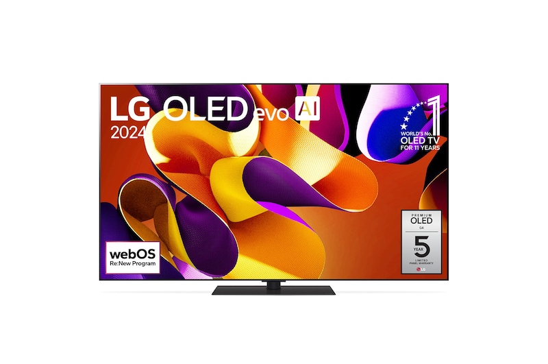 Front view of 65 Inch LG OLED evo AI G4 4K Smart TV 2024 OLED55G4SUB, with 11 Years of world number 1 OLED Emblem, webOS Re:New Program logo and 5-Year Panel Warranty logo on screen.
