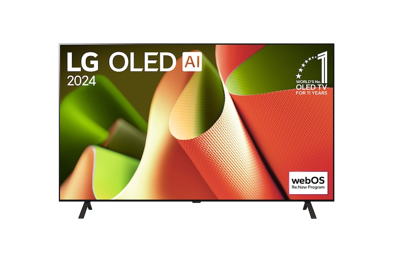 Front view of 77 Inch LG OLED AI B4 4K Smart TV 2024 OLED77B4PUA, with 11 Years of world number 1 OLED Emblem and webOS Re:New Program logo on screen with 2-pole stand.