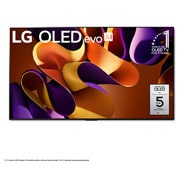 Front view with LG OLED evo AI TV, OLED G4, 11 Years of world number 1 OLED Emblem, webOS Re:New Program logo, and 5-Year Panel Warranty logo on screen, as well as the Soundbar below