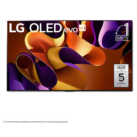 Front view with LG OLED evo AI TV, OLED G4, 11 Years of world number 1 OLED Emblem, webOS Re:New Program logo, and 5-Year Panel Warranty logo on screen, as well as the Soundbar below