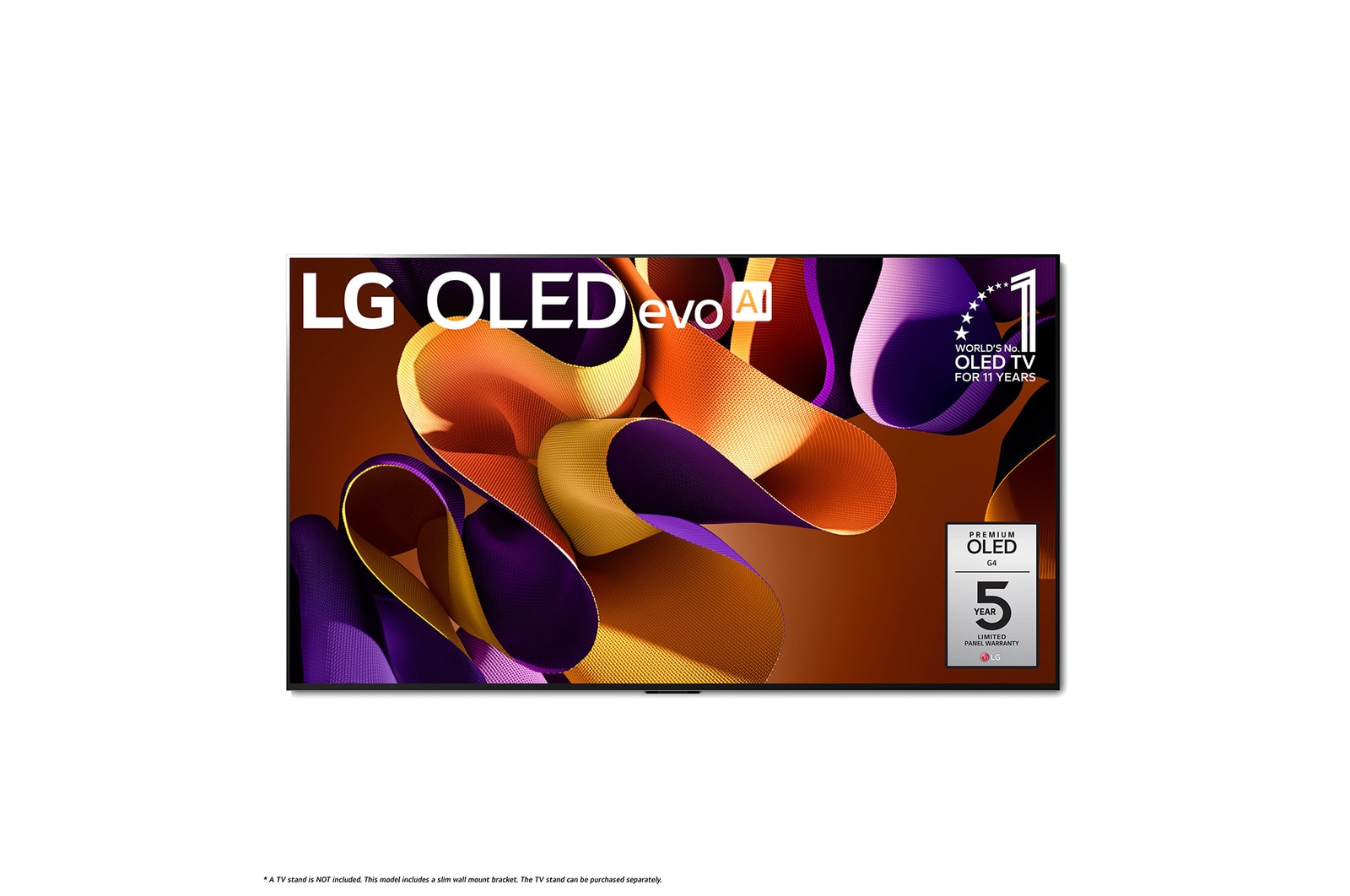 Front view with LG OLED evo AI TV, OLED G4, 11 Years of world number 1 OLED Emblem, webOS Re:New Program logo, and 5-Year Panel Warranty logo on screen