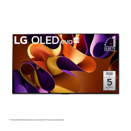 LG OLED evo G4 TV, OLED83G4WUA, with 11 Years of world number 1 OLED Emblem and 5-Year Panel Warranty logo on screen
