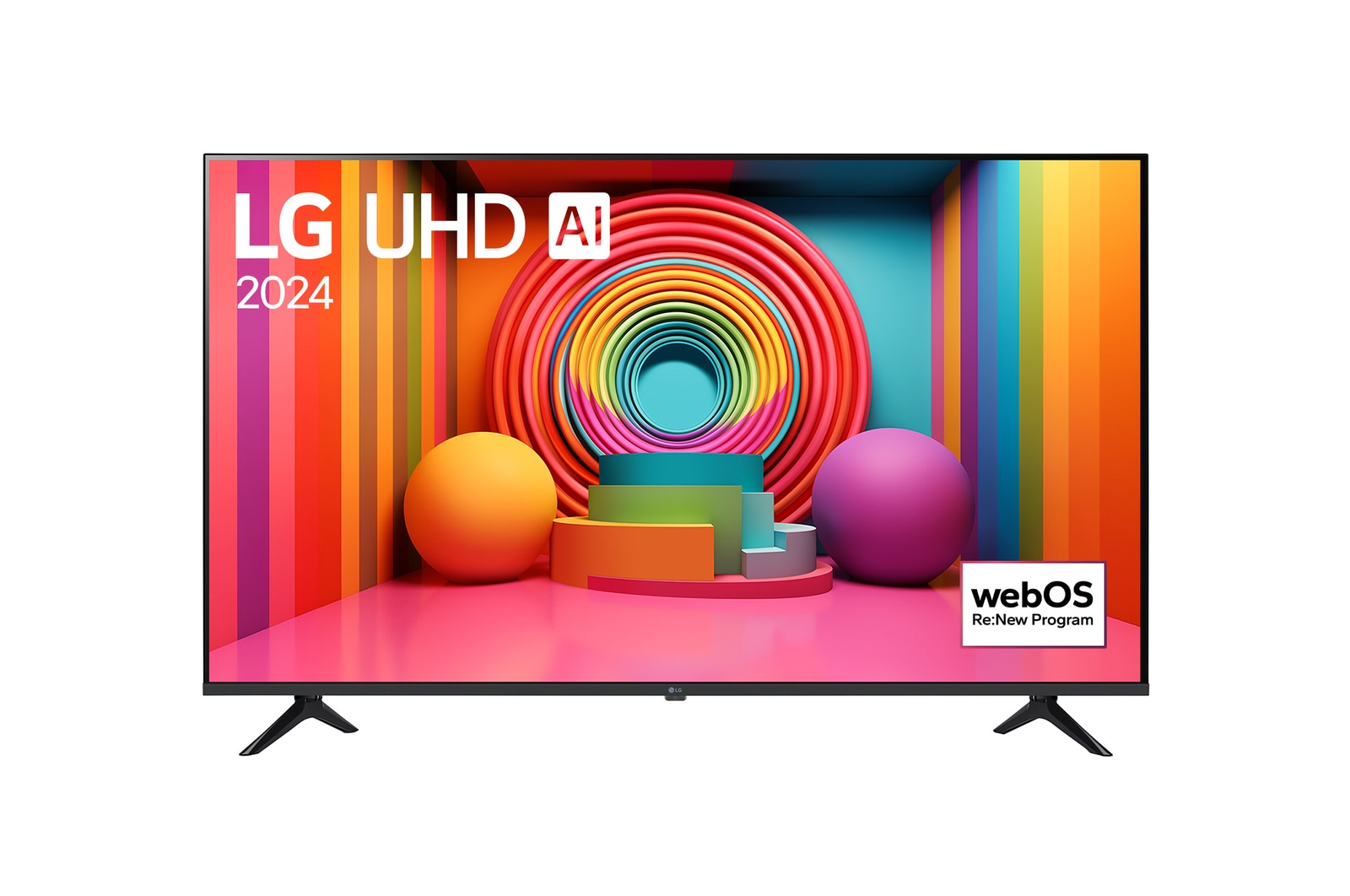 Front view of LG UHD TV, UT75 with text of LG UHD AI, 2024, and webOS Re:New Program logo on screen