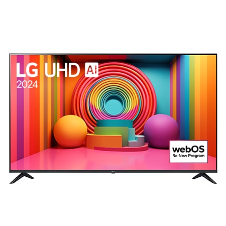 Front view of LG UHD TV, UT75 with text of LG UHD AI, 2024, and webOS Re:New Program logo on screen