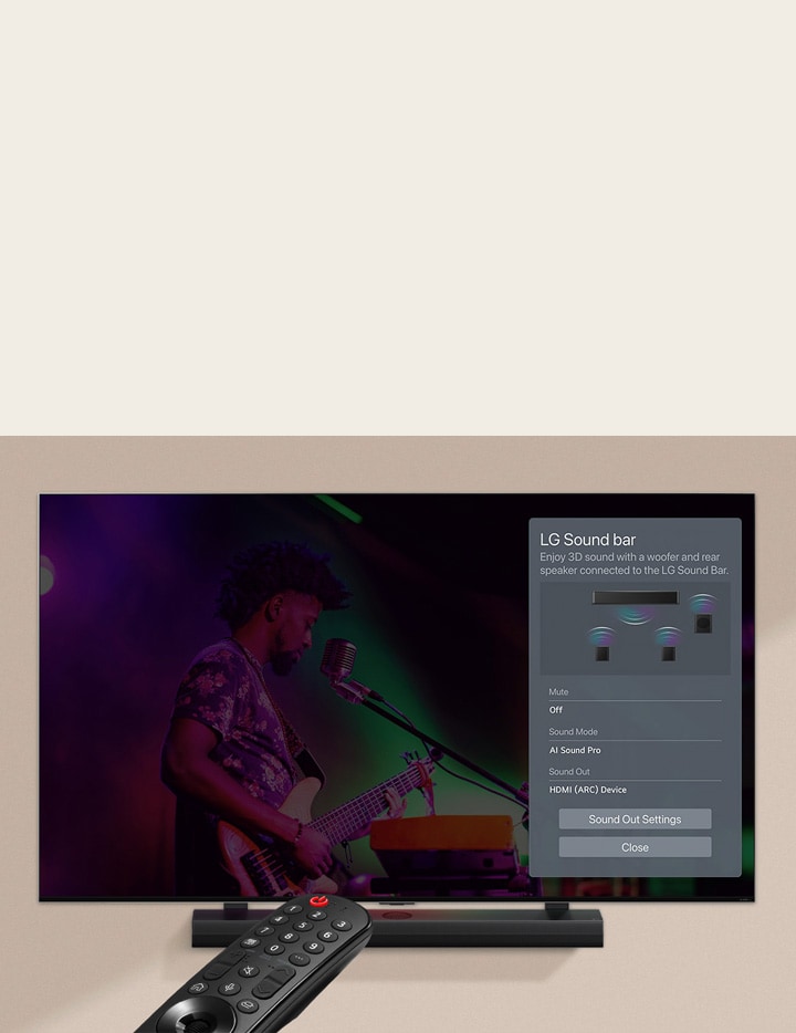 A cozy concert in a living room is playing on the screen. The WOW Interface menu appears as an overlay and the user navigates to soundbar settings.