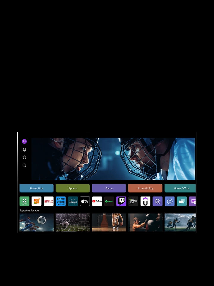 En la pantalla de una LG TV se muestra la sección Mi perfil. En el tercer lugar, un anuncio de Tangible Wonders. Por debajo del anuncio, se muestran los siguientes botones: Home Hub, Deportes, Videojuegos, Accesibilidad, Oficina en casa. Abajo de los botones, se muestran los siguientes logotipos: LG Channels, Netflix, Prime Video, Disney+, Apple TV, YouTube, Spotify, Twitch, GeForce Now, y Udemy. Abajo de los logotipos, aparecen 5 miniaturas de películas con el texto “Mejores elecciones para ti”. En la esquina superior izquierda, un cursor hace clic en la “S” inicial. Se abre un menú desplegable de la cuenta de LG y se muestran cinco nombres. El cursor hace clic en el segundo al tiempo que las miniaturas y el contenido recomendado en la pantalla cambian.