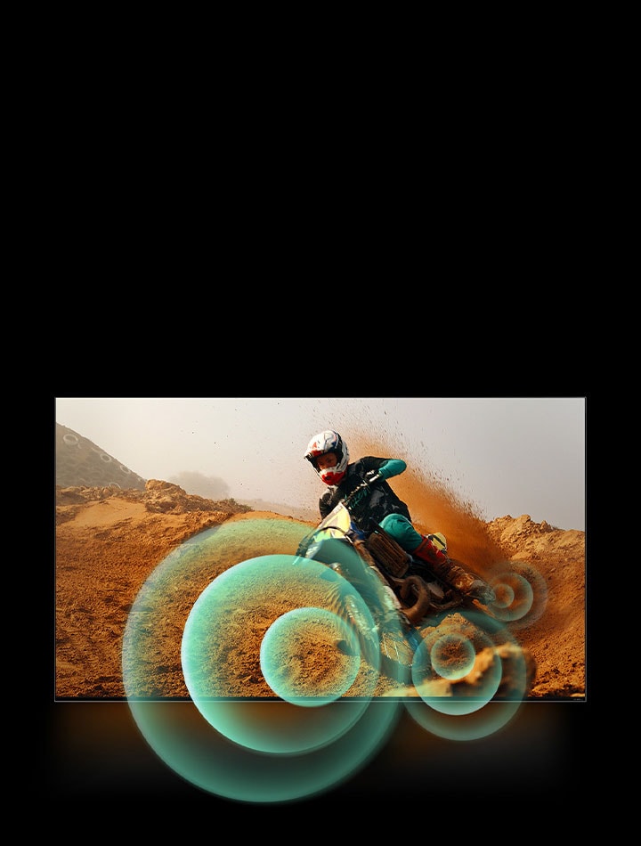 A man riding a motorbike on a dirt track with bright circle graphics around the motorbike.	