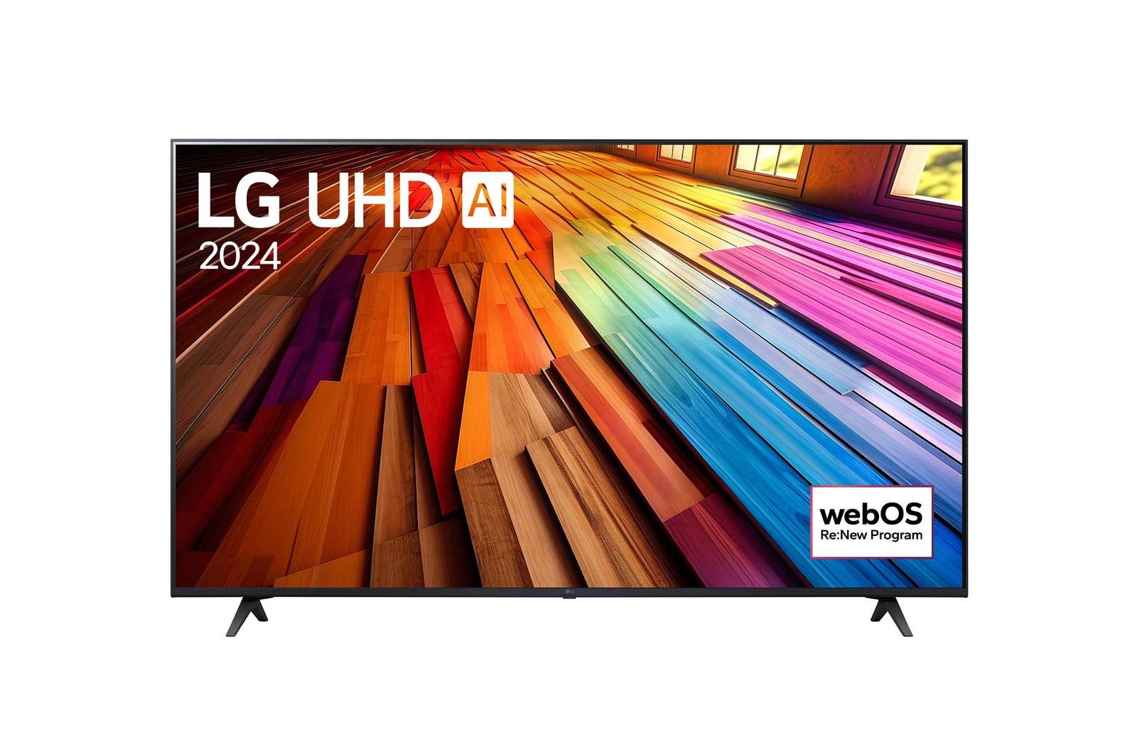 Front view of LG UHD TV, UT80 with text of LG UHD AI ThinQ, 2024, and webOS Re:New Program logo on screen