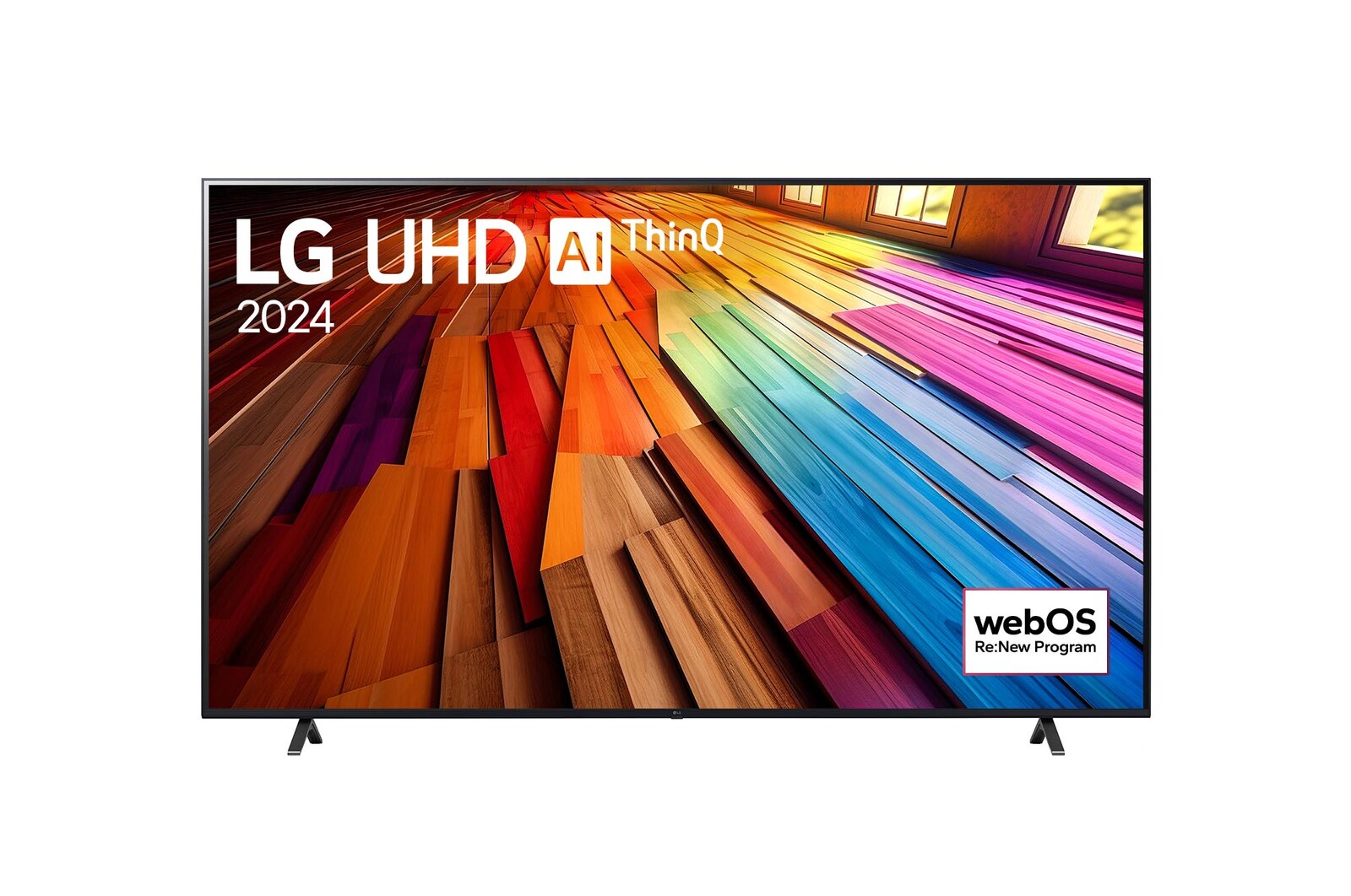 Front view of LG UHD TV, UT80 with text of LG UHD AI ThinQ, 2024, and webOS Re:New Program logo on screen