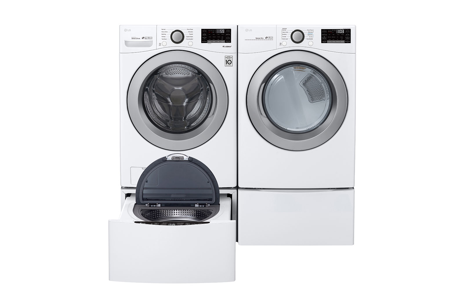 Front view of 6.3 Total Capacity LG TWINWash™ Bundle with LG Pedestal WM3500CW_WD100CW_DLG3501W_WDP4W