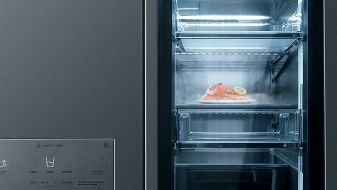 Fresh food is laid on the shelf inside of LG SIGNATUR Refrigerator InsaView.